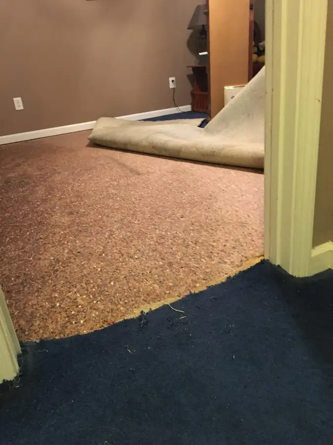 Carpet pad removal revealing water damage during Water Mitigation Services in Nibley